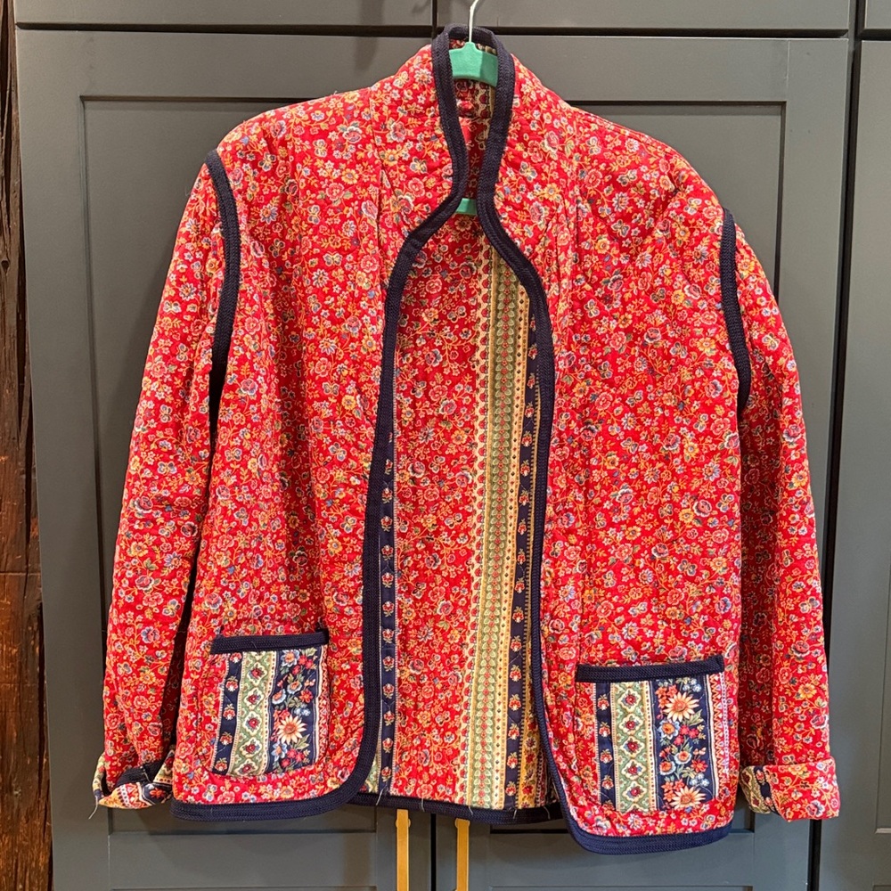 Red Floral Quilted Reversible Jacket with Navy Trim